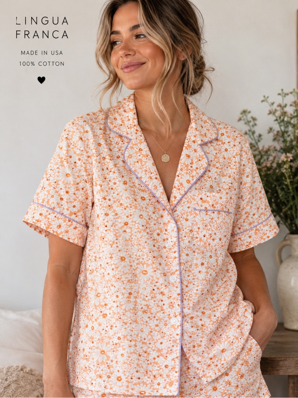 Lingua Franca Floral Pajama Top 100% Cotton Made USA Orange Daisy Piping M